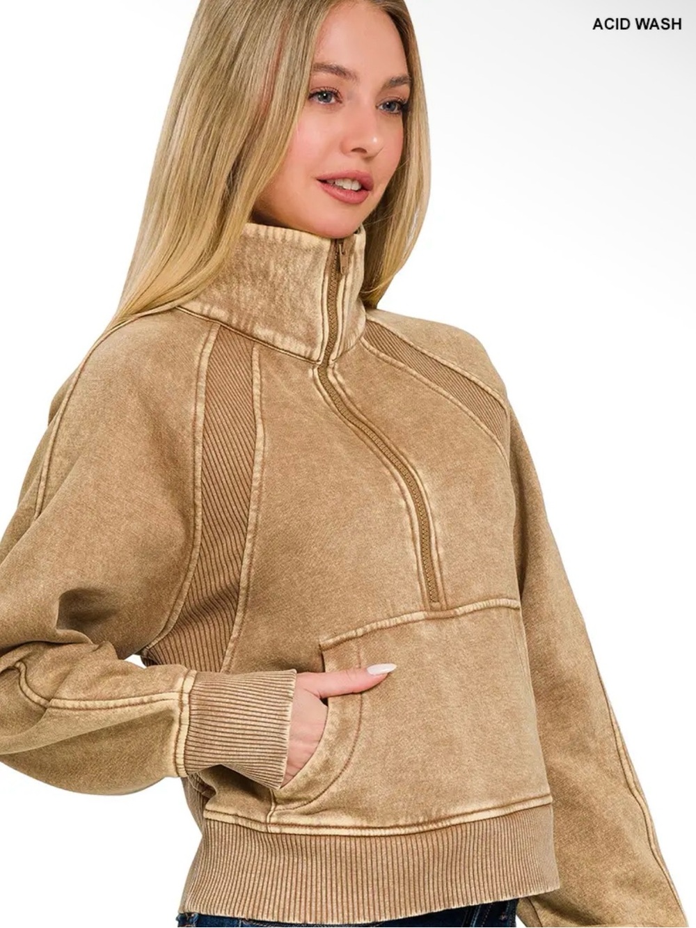 Zenana Women's Acid Wash Tan Quarter-Zip Pullover Jacket